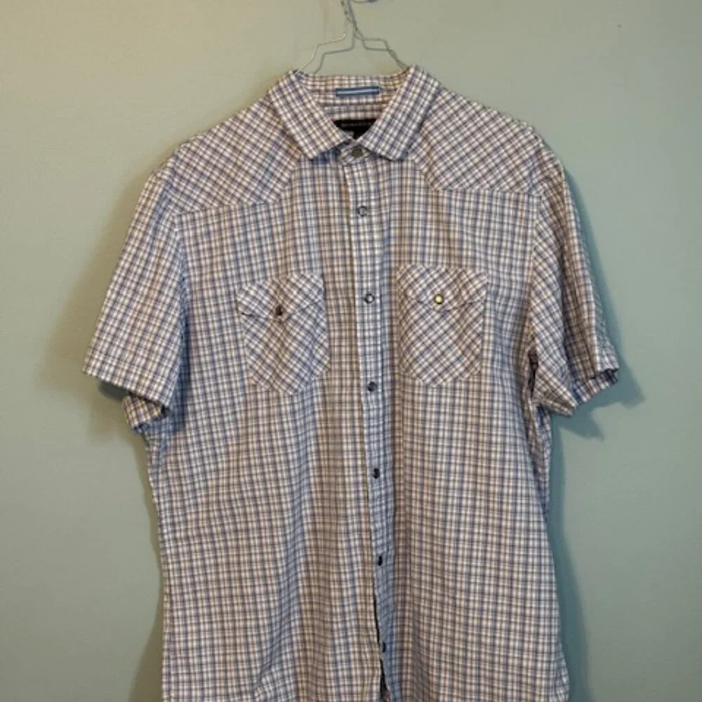 Banana Republic XL Western Plaid Shirt Short Sleeve Snap Front Blue White
